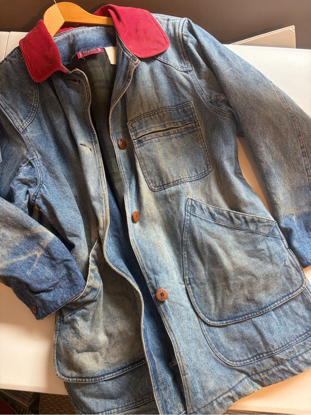 Vintage Denim Jean Chore Jacket Utility Coat Womens Large Blue Plaid fall grunge - Picture 10 of 16